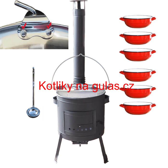Nerezový kotlík 15 L (0,8 mm) s nýty INOX + selské misky 6 ks + nízká žáruvzdorná kotlina 36 cm PLUS 600