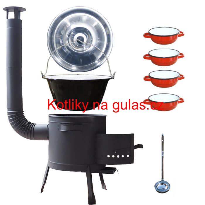 Smaltovaný kotlík 20 L + selské misky 4 ks + nízká žáruvzdorná kotlina 42 cm PLUS 600