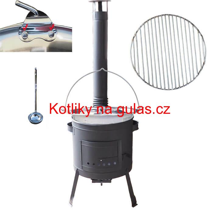 Nerezový kotlík 20 L (0,8 mm) s nýty INOX + Nerezový rošt 45 cm + nízká žáruvzdorná kotlina 42 cm PLUS 600