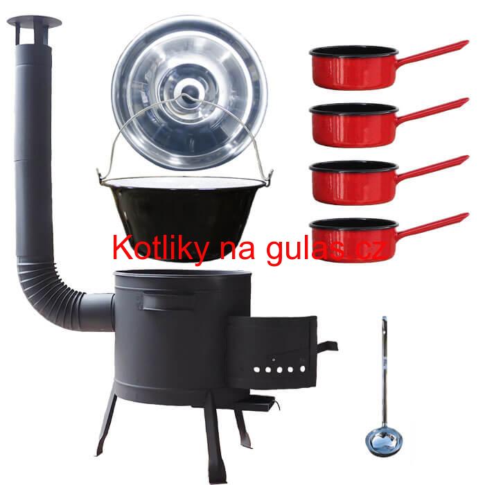 Smaltovaný kotlík 30 L + smaltovaný rendlík 4 ks + nízká žáruvzdorná kotlina 45 cm PLUS 600