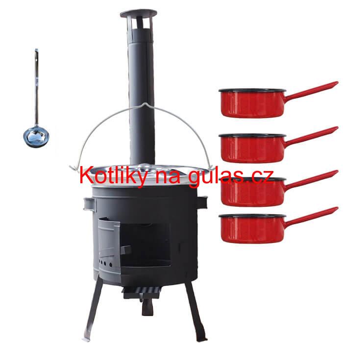 Nerezový kotlík 22 L (0,8 mm) INOX + smaltované rendlíky 4 ks + nízká žáruvzdorná kotlina 42 cm PLUS 600