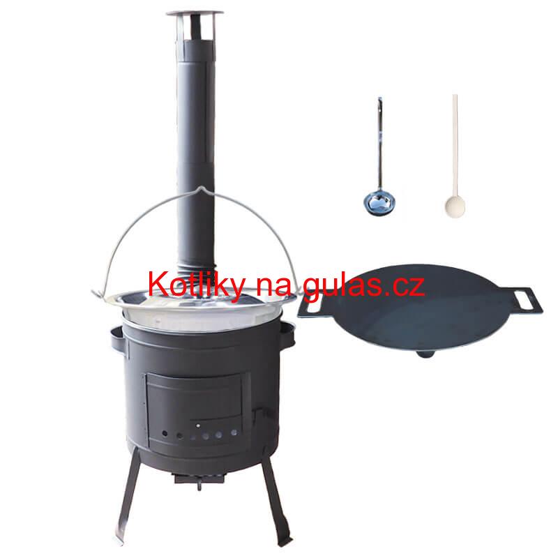 Nerezový kotlík 15 L (0,8 mm) s nýty + železná pánev 38 cm UNI + kotlina 36 cm PLUS 600
