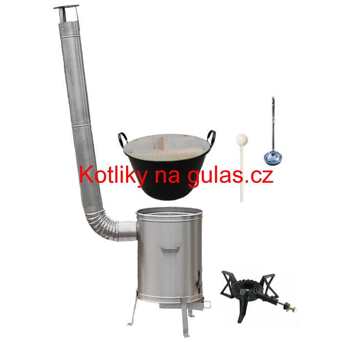 Zabijačkový smaltovaný kotel 100 L + nerezová kotlina 60 cm + hořák 7 kW + vařečka a naběračka
