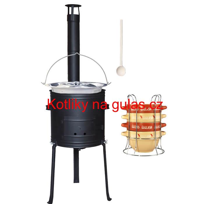 Nerezový kotlík 22 L (0,8 mm) INOX + misky na guláš 4 ks + nízká žáruvzdorná kotlina 42 PLUS 700