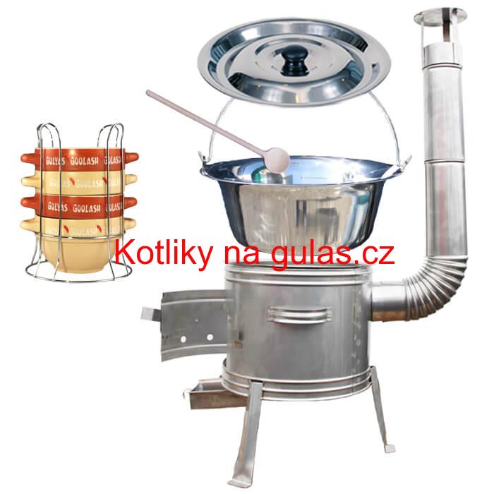 Nerezový kotlík 22 L (0,8 mm) INOX + misky na guláš 4 ks + nerezová kotlina 42 cm TOPLUX