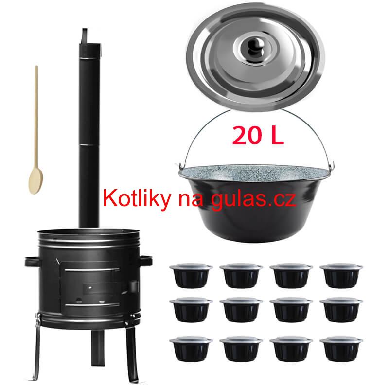 Smaltovaný kotlík 20 L (0,8 mm) + kovová kotlina 42 KOV + vařečka + misky 12 ks