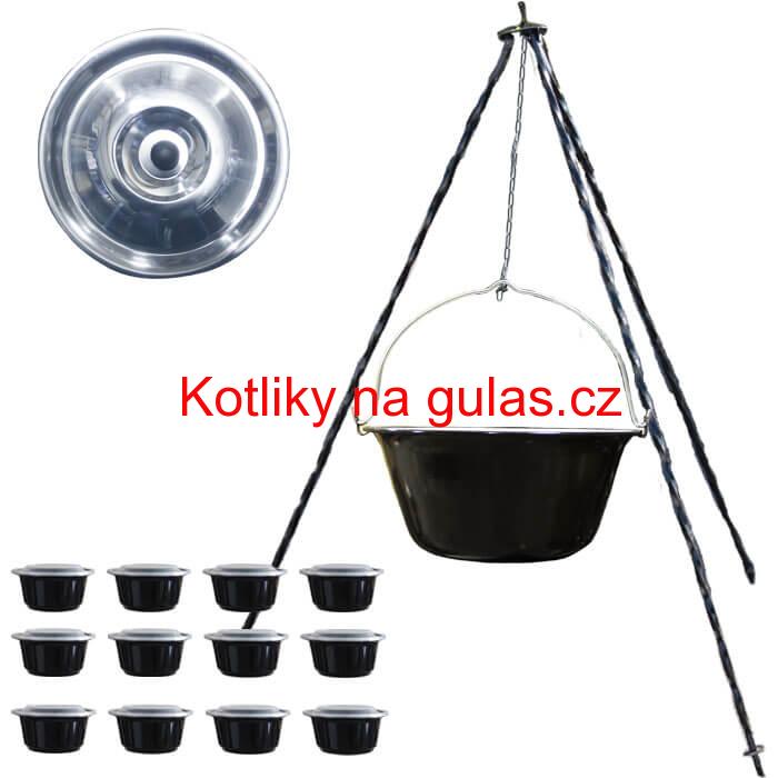 Smaltovaný kotlík 13 L (1,2 mm) + nerezová poklice + trojnožka 1,20 m + misky 12 ks