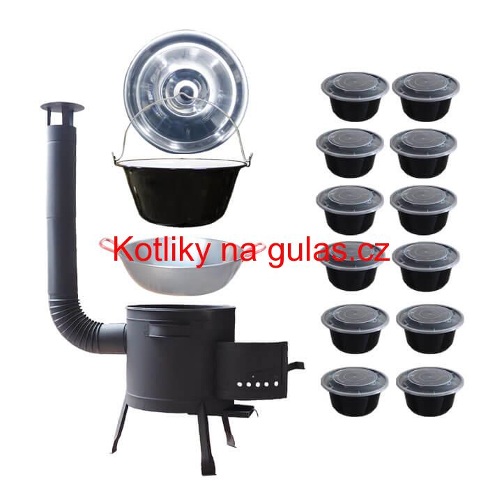 Smaltovaný kotlík 22 L + Pánev PAELLA (WOK) 45 cm + misky 12 ks + nízká kotlina 42 PLUS 600