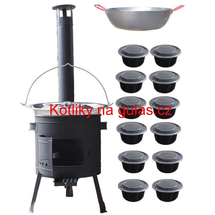 Nerezový kotlík 22 L (0,8 mm) INOX + Pánev PAELLA (WOK) 45 cm + misky 12 ks + nízká kotlina 42 PLUS 600