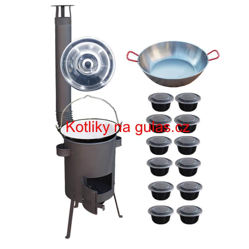 Smaltovaný kotlík 22 L + Pánev PAELLA (WOK) 45 cm + misky 12 ks + žáruvzdorná kotlina 42 PLUS 600 s roštem na popel 4 mm