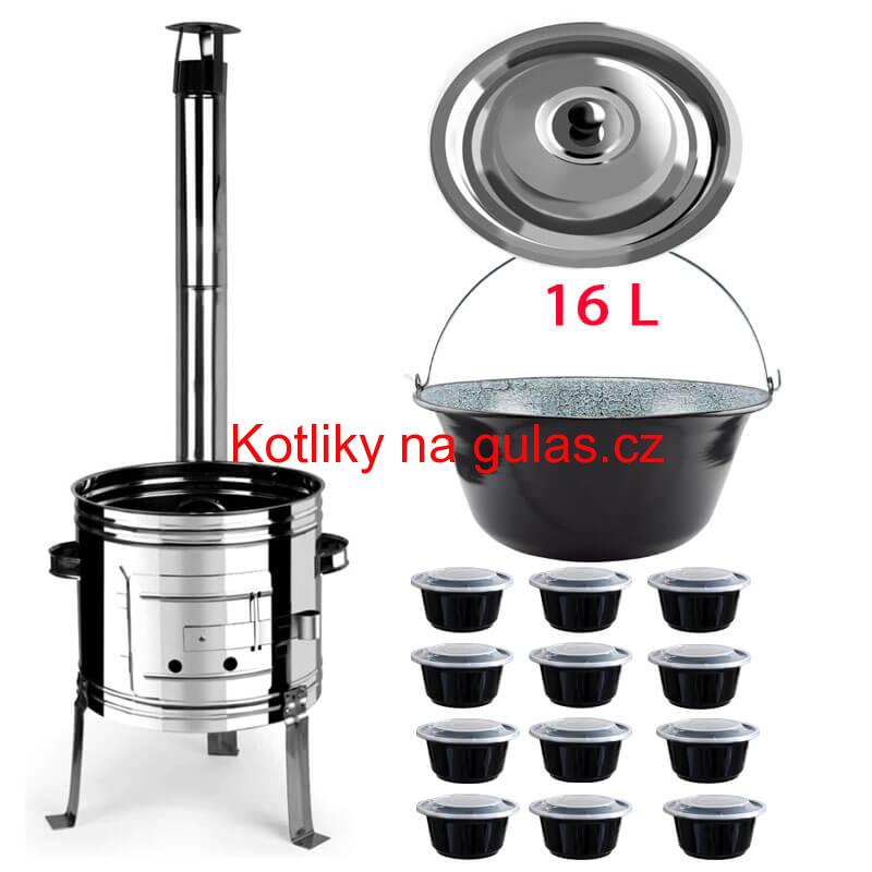Smaltovaný kotlík 16 L + nerezová kotlina 39 INOX + misky 12 ks