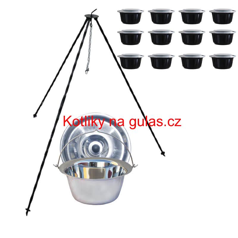 Nerezový kotlík 8 L (0,8 mm) INOX + poklice + trojnožka 1,20 m + misky 12 ks