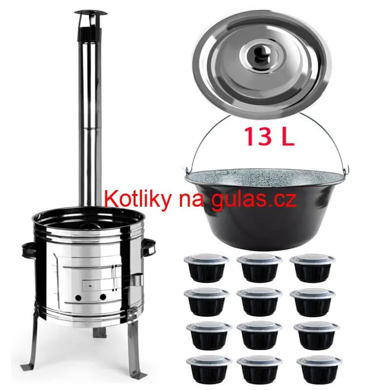 Smaltovaný kotlík 13 L + nerezová kotlina 36 INOX + misky 12 ks