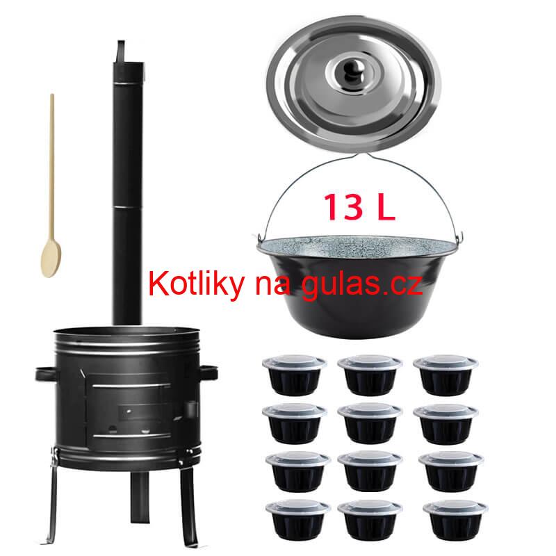 Smaltovaný kotlík 13 L + kovová kotlina 36 KOV + misky 12 ks