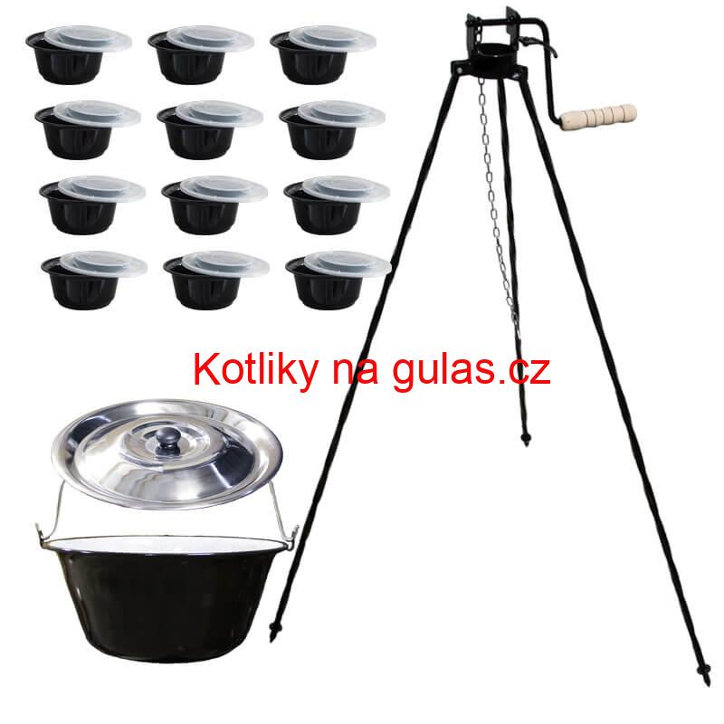 Smaltovaný kotlík 13 L + stojan s kladkou VAR + misky 12 ks