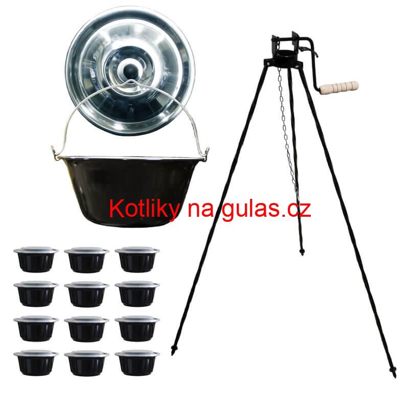 Smaltovaný kotlík 25 L + stojan s kladkou VAR + misky 12 ks