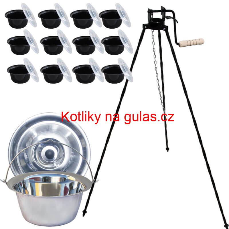 Nerezový kotlík 22 L + stojan s kladkou VAR + misky 12 ks