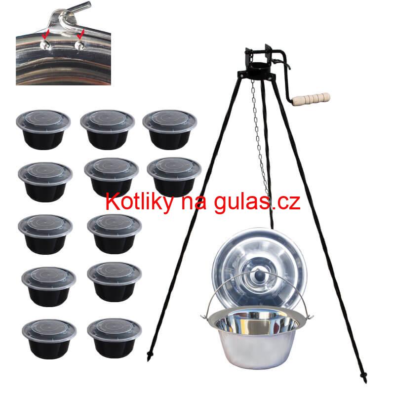 Nerezový kotlík 15 L (0,8 mm) s nýty + stojan s kladkou VAR + misky 12 ks