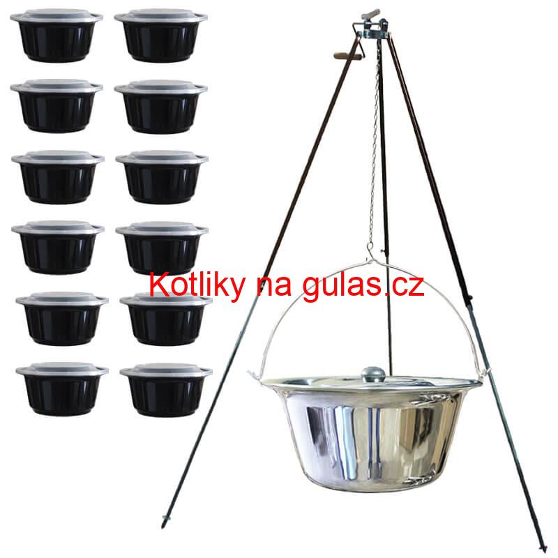 Nerezový kotlík 20 L (1,2 mm) + teleskopická trojnožka s pojistnou kladkou + misky 12 ks