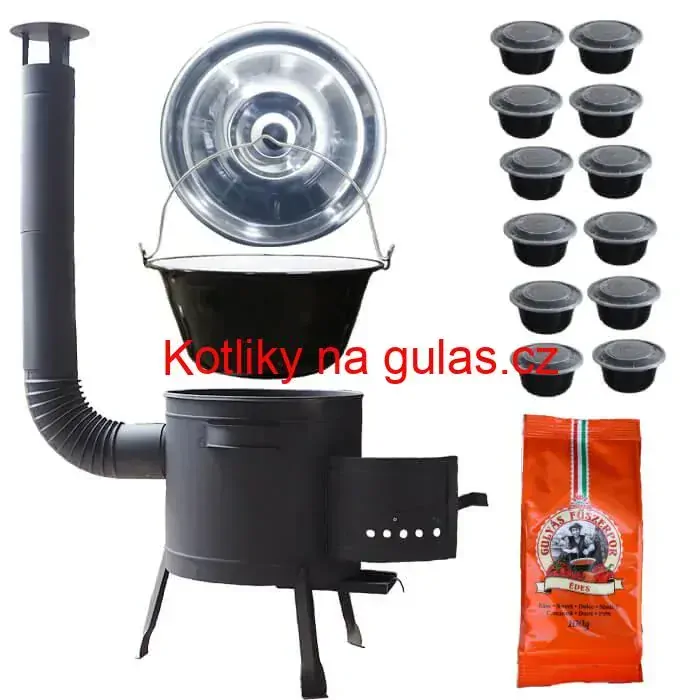Smaltovaný kotlík 25 L (1,2 mm) + silnostěnná (1,5 mm) žáruvzdorná kotlina BALKY STRONG 42 PLUS 600 + misky 12 ks + paprikové koření na guláš 100 g