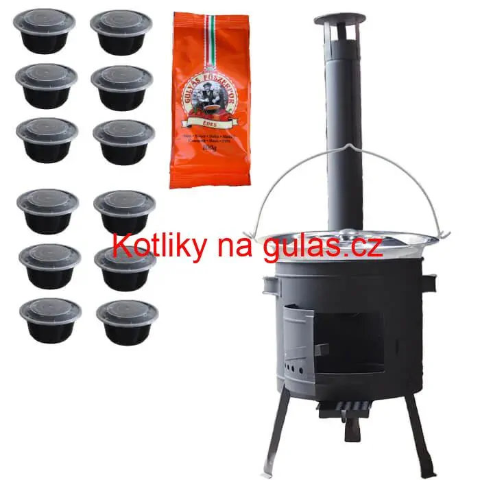 Nerezový kotlík 22 L (0,8 mm) INOX + silnostěnná (1,5 mm) žáruvzdorná kotlina BALKY STRONG 42 PLUS 600 + misky 12 ks + paprikové koření na guláš 100 g