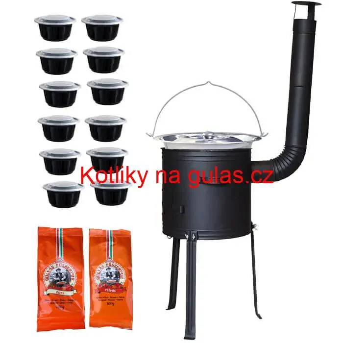 Nerezový kotlík 22 L (0,8 mm) INOX + žáruvzdorná kotlina 42 cm Plus 700 + misky 12 ks + 2 x pepř na guláš 100 g