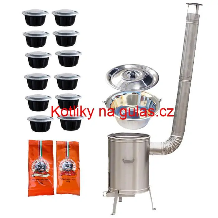 Nerezový kotlík 22 L (0,8 mm) INOX + nerezová kotlina 42 cm LUX + misky 12 ks + 2 x pepř na guláš 100 g