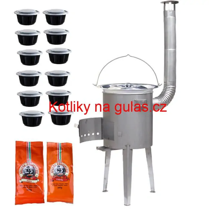 Nerezový kotlík 22 L (0,8 mm) INOX + nerezová kotlina 42 cm LUXUS + misky 12 ks + 2 x pepř na guláš 100 g