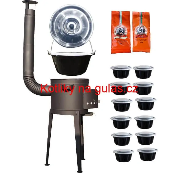 Smaltovaný kotlík 22 L (1,2 mm) + vysoká žáruvzdorná kotlina (1,5 mm) HODO 42 cm PLUS 600 + misky 12 ks + 2 x pepř na guláš 100 g