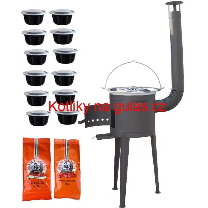 Nerezový kotlík 22 L (0,8 mm) INOX + vysoká žáruvzdorná kotlina (1,5 mm) HODO 42 cm PLUS 600 + misky 12 ks + 2 x pepř na guláš 100 g