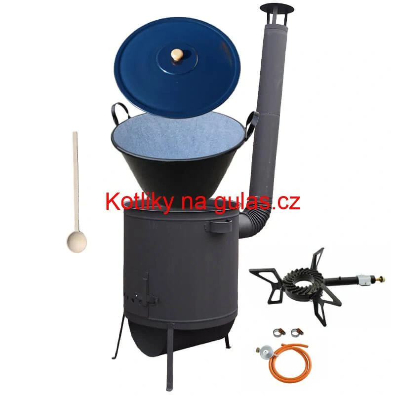 Smaltovaný kotel 60 L na zabijačku + žáruvzdorná kotlina 53 PLUS 600 4 MM + hořák 7,5 kW + vařečka