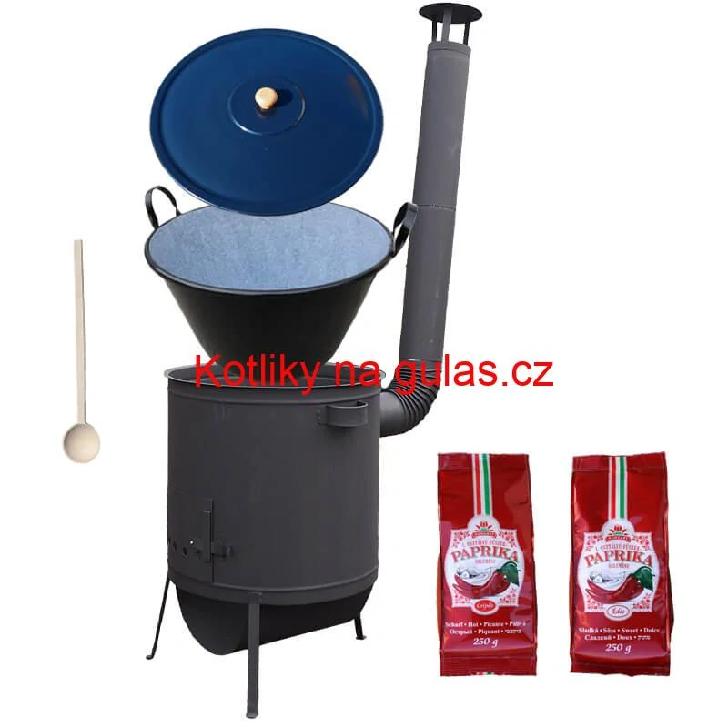 Smaltovaný kotel 70 L na zabijačku + žáruvzdorná kotlina 53 PLUS 600 4 MM + sladká a pálivá (2 x 250 g) + vařečka
