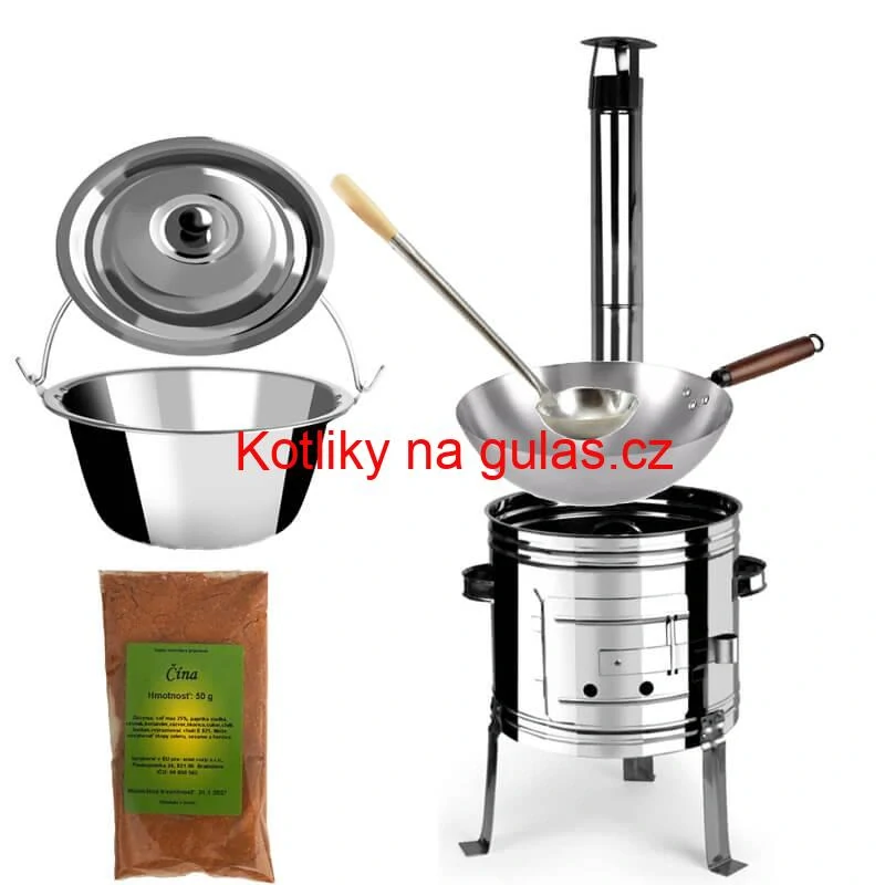Nerezový kotlík 10 L (0,8 mm) + nerezová kotlina 31 INOX + Wok + koření 50 g