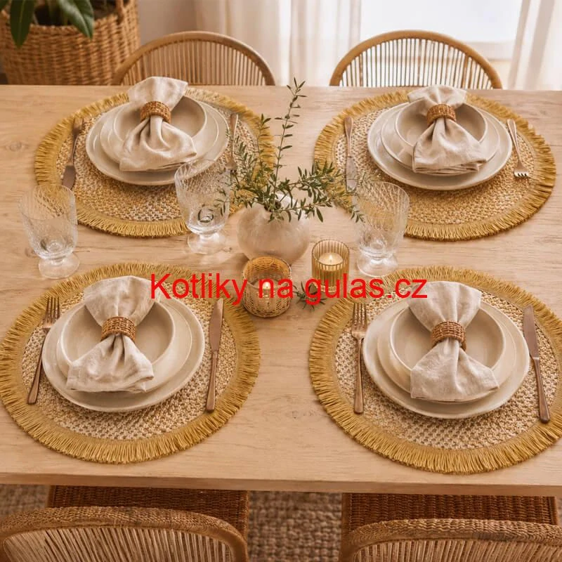 Kulaté přírodní podložky pod talíř se třásněmi 37 cm, 4 ks