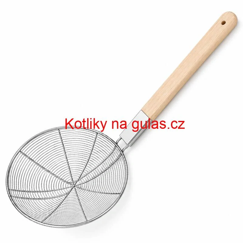 Velké nerezové sítko 22,5 cm s dřevěnou rukojetí – délka 56,5 cm