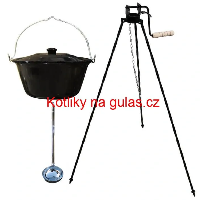 Smaltovaný kotlík 25 L + poklice + stojan s kladkou VAR