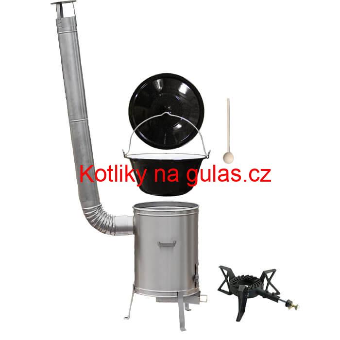 Smaltovaný kotlík 20 L (1,2 mm) + nerezová kotlina 42 cm + litinový hořák 7 kW, vařečka LUX