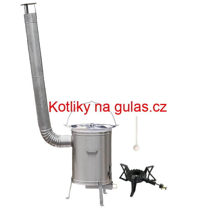 Nerezový kotlík 22 L (0,8 mm) + nerezová kotlina 42 cm + litinový hořák 7 kW, vařečka LUX