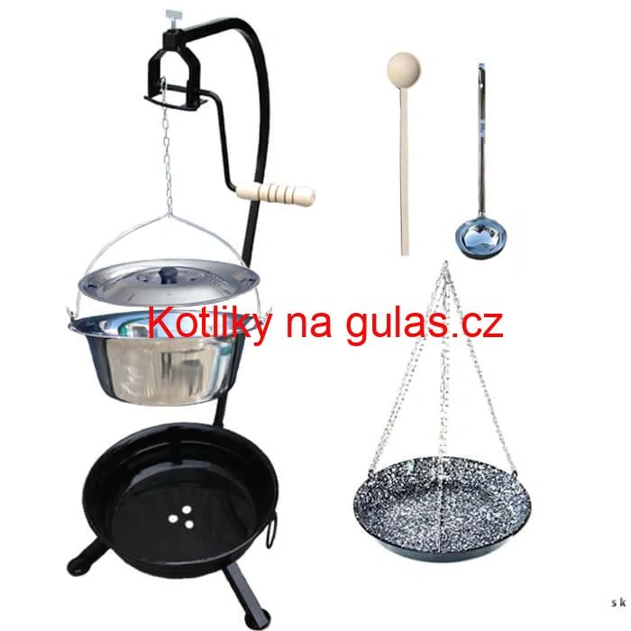 Nerezový kotlík 14 L (0,8 mm) INOX + smaltovaná pánev + ohniště se stojanem as pojistnou kladkou VAR