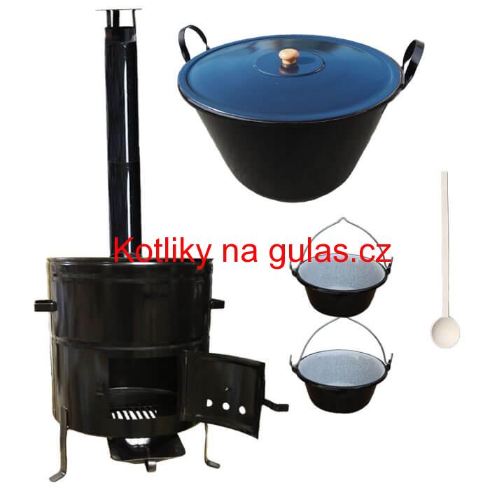 Zabijačkový smaltovaný kotel 50 L + kovová kotlina 50 cm + 2 servírovací kotlíky  a kouřovod