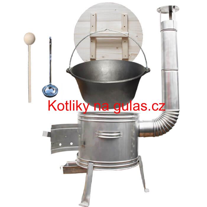 Litinový kotlík 22 L (0,8 cm) + nerezová kotlina 45 cm + vařečka a naběračka TOPLUX