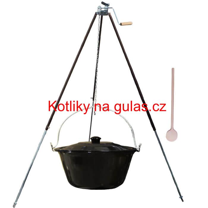Smaltovaný kotlík 25 L (1,2 mm) + teleskopická trojnožka s pojistnou kladkou + poklice
