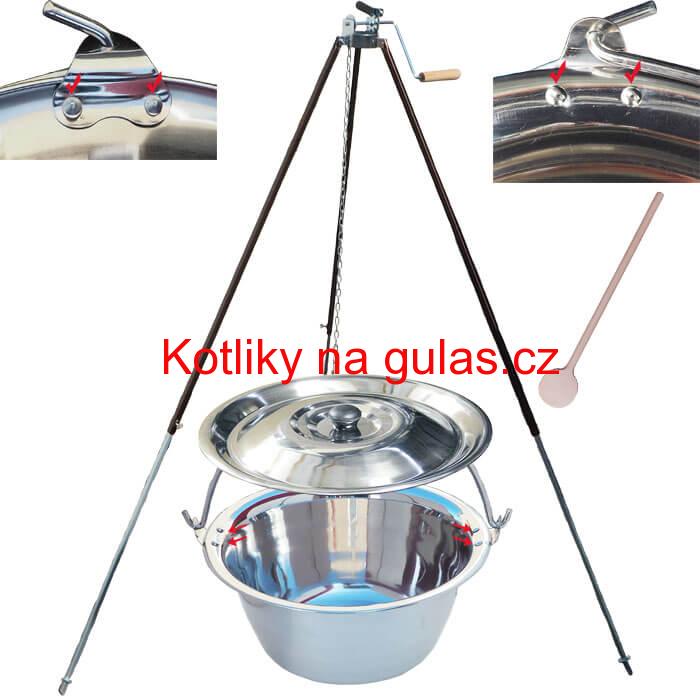 Nerezový kotlík 15 L (0,8 mm) s nýty + teleskopická trojnožka s pojistnou kladkou + poklice