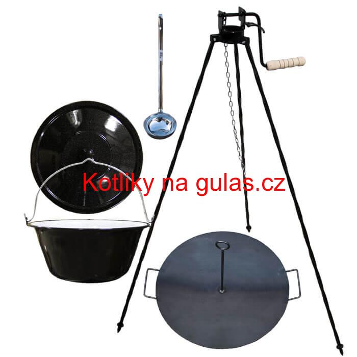 Smaltovaný kotlík 16 L (1,2 mm) + pánev na grilování a stojan s kladkou VAR