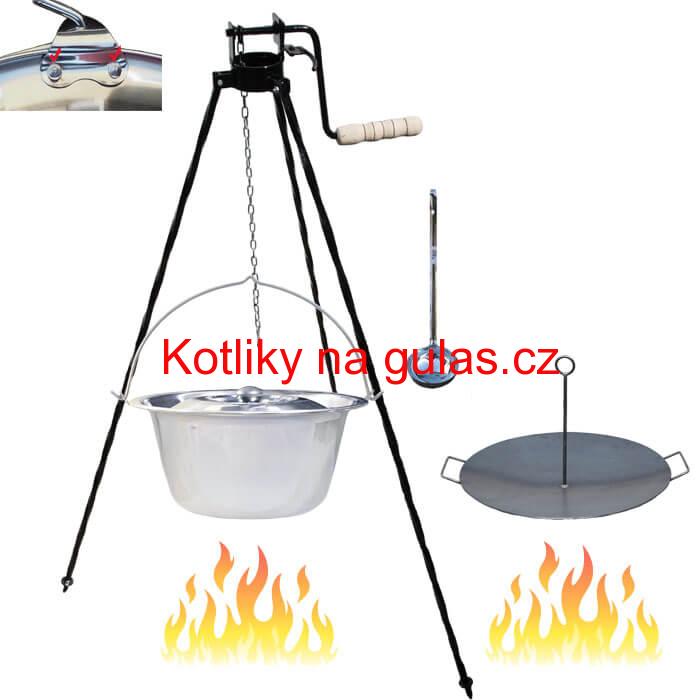 Nerezový kotlík 15 L (0,8 mm) s nýty + pánev na grilování a stojan s kladkou VAR