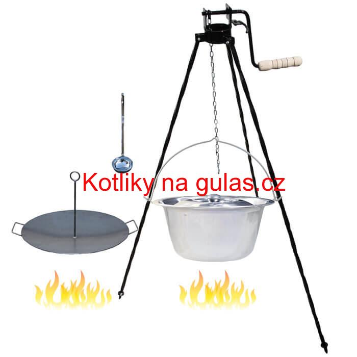 Nerezový kotlík 22 L (0,8 mm) + pánev na grilování a stojan s kladkou VAR