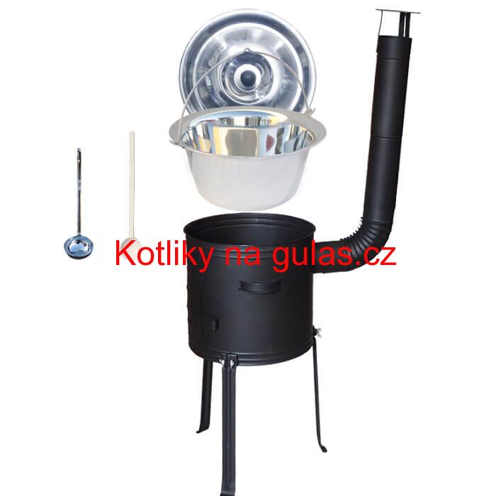 Nerezový kotlík 22 L (0,8 mm) + kovová kotlina s vysokými nožičkami 42 cm, žáruvzdorná barva Plus 700 + vařečka a naběračka