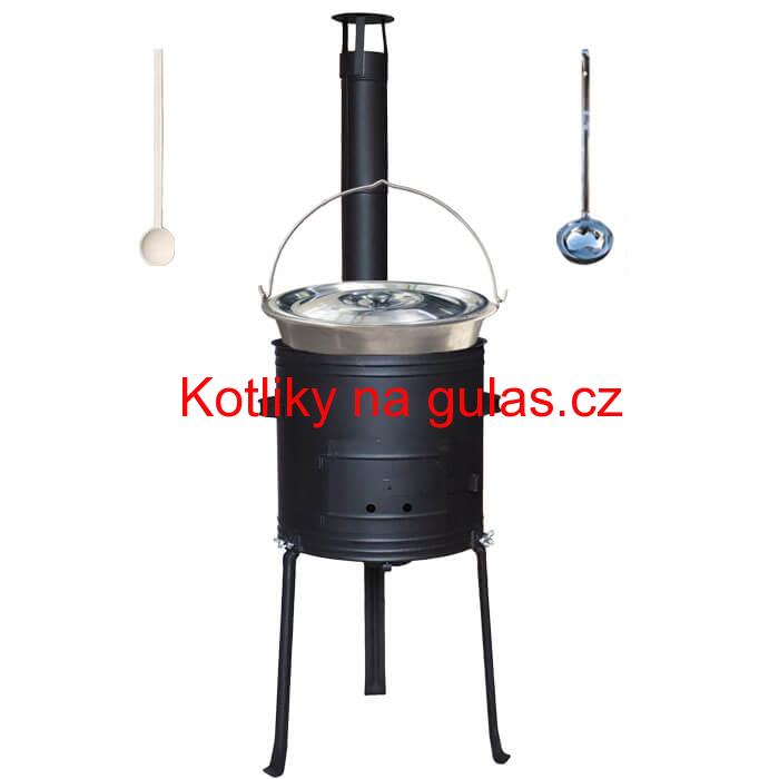 Nerezový kotlík 15 L (1,5 mm) + kovová kotlina s vysokými nožičkami 36 cm, žáruvzdorná barva Plus 700 + vařečka a naběračka