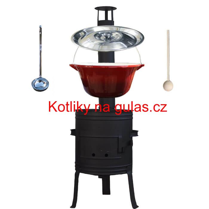 Litinový kotlík 10 L se smaltovanou úpravou + nízká žáruvzdorná kotlina 33 cm PLUS 700 + vařečka a naběračka