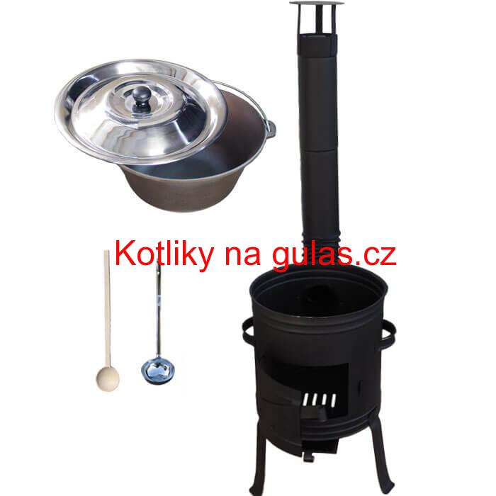 Litinový kotlík 10 L + nízká žáruvzdorná kotlina 33 cm PLUS 700 + vařečka a naběračka